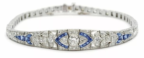 Art Deco 13.50Ct Moissanite & Blue Sapphire 925 Sterling Silver Vintage Bracelet
