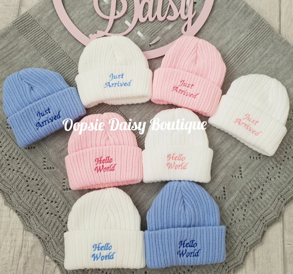 Baby Knitted Hat Hello World Just Arrived Beanie Hat Size Newborn