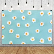 5x3ft Daisy Flower Backdrop, White Yellow Floral Blue, Spring, Baby Shower, Girl