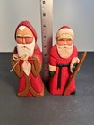 2 Hand Carved Folk Art Santa Figure Red Coats Wood Carving Rustic Primitive Xmas