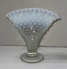 Vintage Fenton French White Opalescent Hobnail Fan Vase 8 1/4" Crimped 4039
