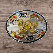 Hebilla de cinturón de vaquero - Gallos de lucha 4 1/8"x 3 1/8" tono plata/negro/dorado