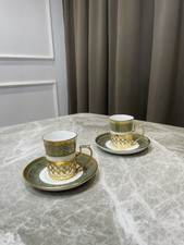 Crown Staffordshire Demitasse Cups & Saucers Set 2 Gold Green Bone China