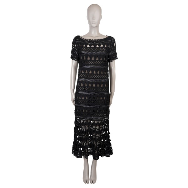 73729 authentisches OSCAR DE LA RENTA schwarzes 2018 SATINBAND HÄKEL MIDI Kleid M