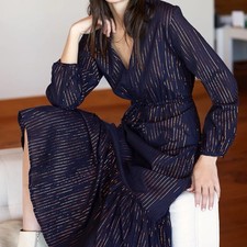 Emerson Fry XS Francis Navy Blue Metallic Gold Striped Tiered Maxi Dress