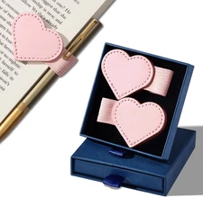 2Pcs Magnetic Leather Bookmarks with Pen Holder Gift Box, Heart-Shaped Magnetic