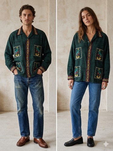 Vtg Guatemalan Shirt Jacket L Quetzel Peacock Handwoven Aztec