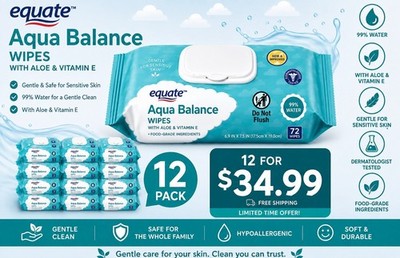 Equate Aqua Balance Wipes 72 Count   99% Water, Aloe & Vitamin E   New