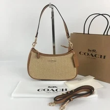 New C*ACH Teri 2way Shoulder Bag Crossbody Straw/Leather Latte CR350