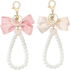2 Pcs Bow Faux Pearl Black Bag Charm Keychain Purse Handbag Gift