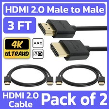 2 Pack HDMI 2.0 Male to Male Cable 3ft High-Speed Cord 4K 3D PS5 XBOX HDTV LCD