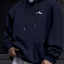 Men's autumn and winter casual fashion loose mountain print long sleeved hooded