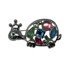 Silver Tone Multicolor Rhinestone Turtle Brooch Jeweled Animal Pin