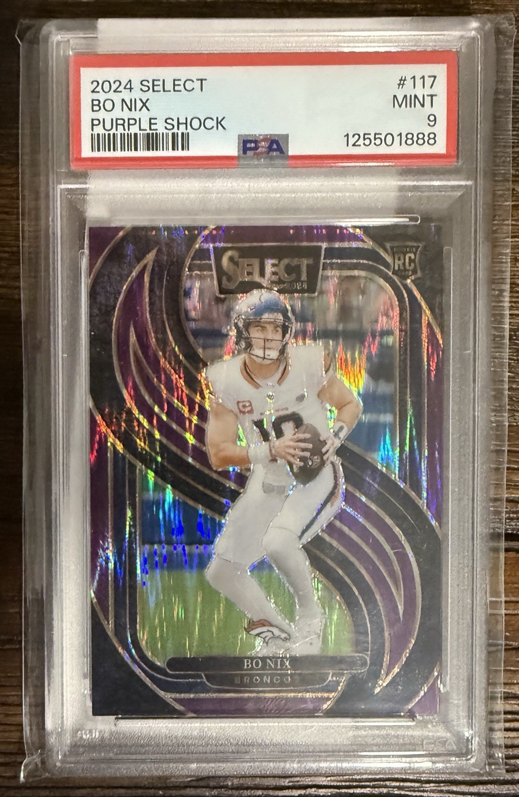 2024 Panini Select - Premier Level Bo Nix #117 Purple Shock Prizm /360 (RC)