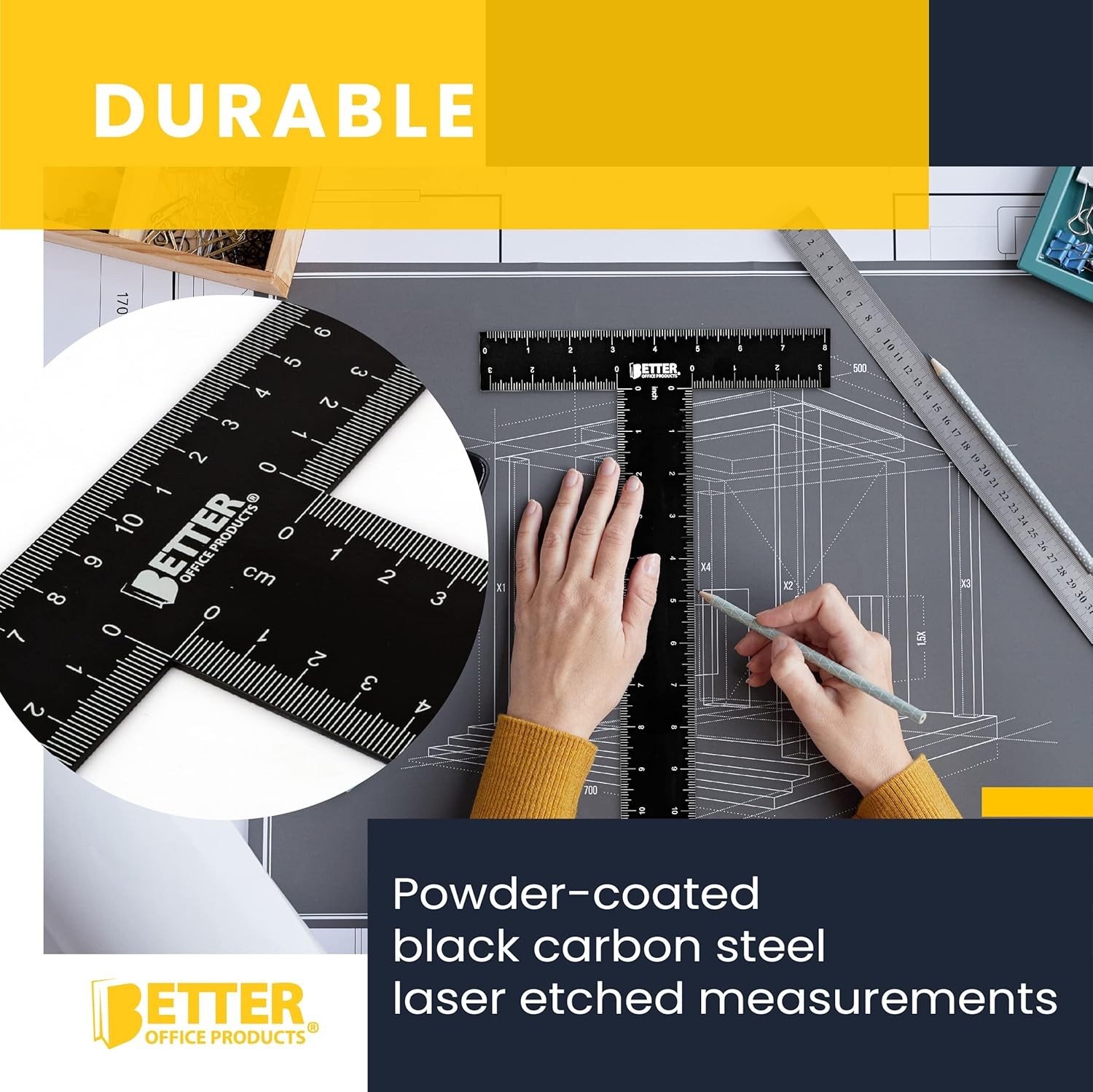 Better Office Products T Square (2 Pack) T Ruler, 12 inch Metal Carbon Black 