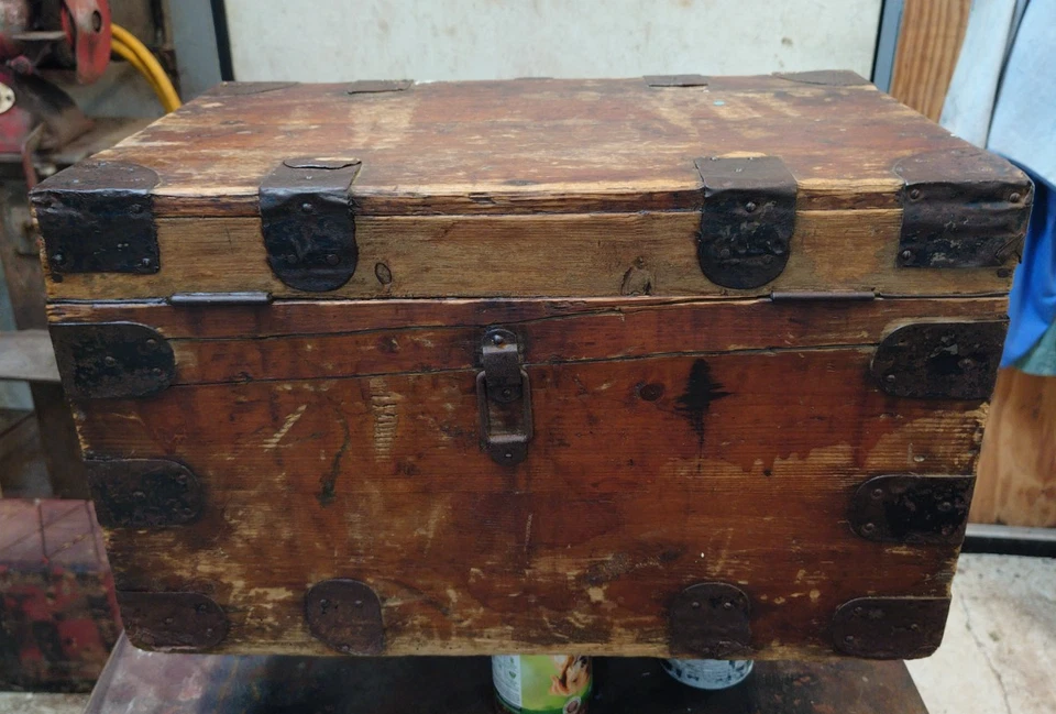 Vintage Wooden Storage Chest  Horse Tack Trunk  School Tuck Box - Image 3 of 4