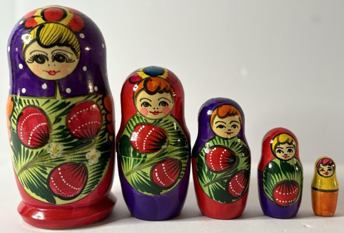 5 Vintage Hand Painted Wooden Russian Matryoshka Nesting Dolls