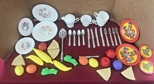 VTG. 14 PC. METAL TOY LOT KID'S PLAY FLATWARE PLUS LOT PLAY FOOD,  DISHES