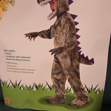Boys Dinosaur Costume Complete Outfit Jumpsuit Hood Hand  Shoe Covers Brown