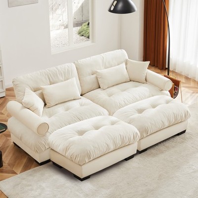 Over Size Modern Two-seater Sofa with Ottoman, Velvet 2-Seater with Round Bols