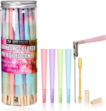 Colorful Pre Rolled Cones -72 Pack Rainbow King Size Cones Rolling Paper, Slow B