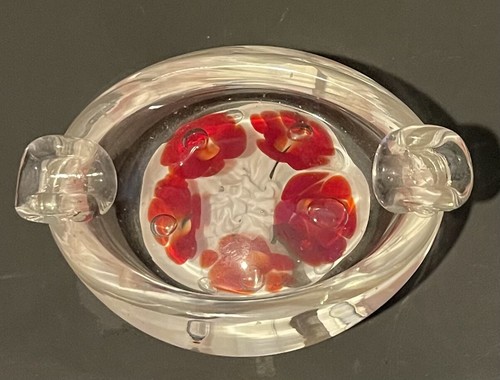 Vintage Hand Blown St Clair Art Glass Ashtray Red And White Flowers - Picture 2 of 6