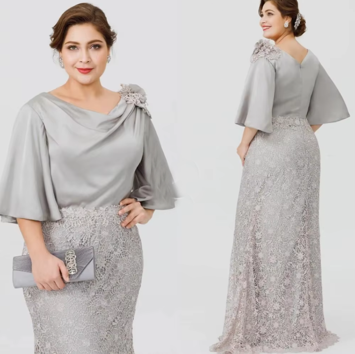 Silver Plus Size Mermaid Maxi Mother Of The Bride Dresses Scoop Satin Lace  Half