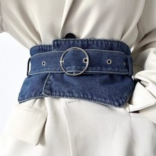 Ladies Wide Denim Belt with Metal Buckle Casual Womens Waistband Cincher Retro