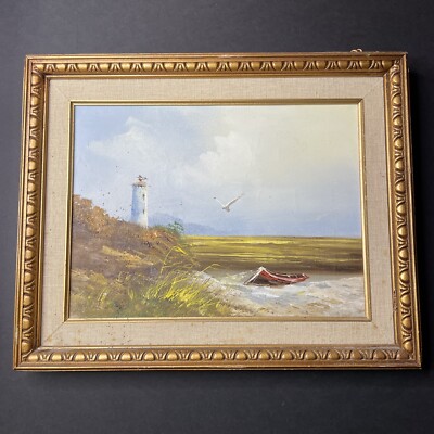 W. Barnes ''Lighthouse Seascape'' Original 1970s Oil On Canvas Signed & Framed