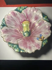 Vintage Hibiscus Flower Butterfly Bowl Multi Colored Hand Painted Whimsy Cottage
