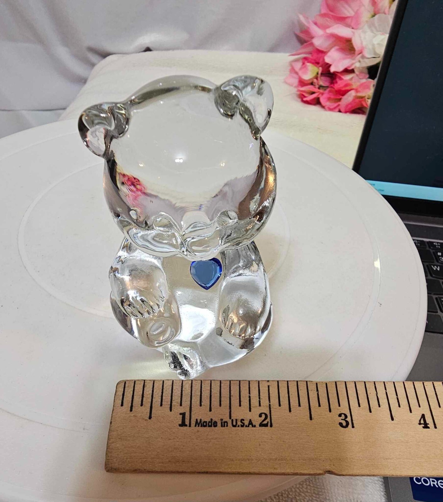 Vtg Fenton Art Glass Birthstone September Bear w Blue heart Figurine/Paperweight