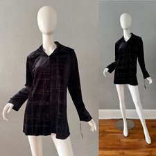 NWT Vintage 90s Black Velvet Plaid Long Sleeve Button Top Blouse M