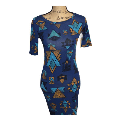 Lularoe Julia Womens Midi Blue Dress Sz XXS Short Sleeves Round Neck  (3491)