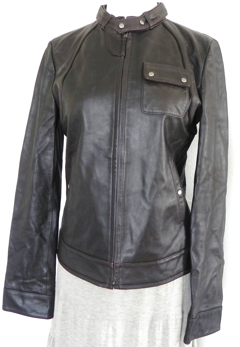 MxM Premium Lamb Skin Leather Biker Jacket Brown Zip Pockets Size
