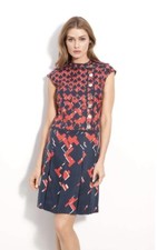 Tory Burch Truman Silk Vintage Modern Red / Navy Pleated Dress S Size 4 $495