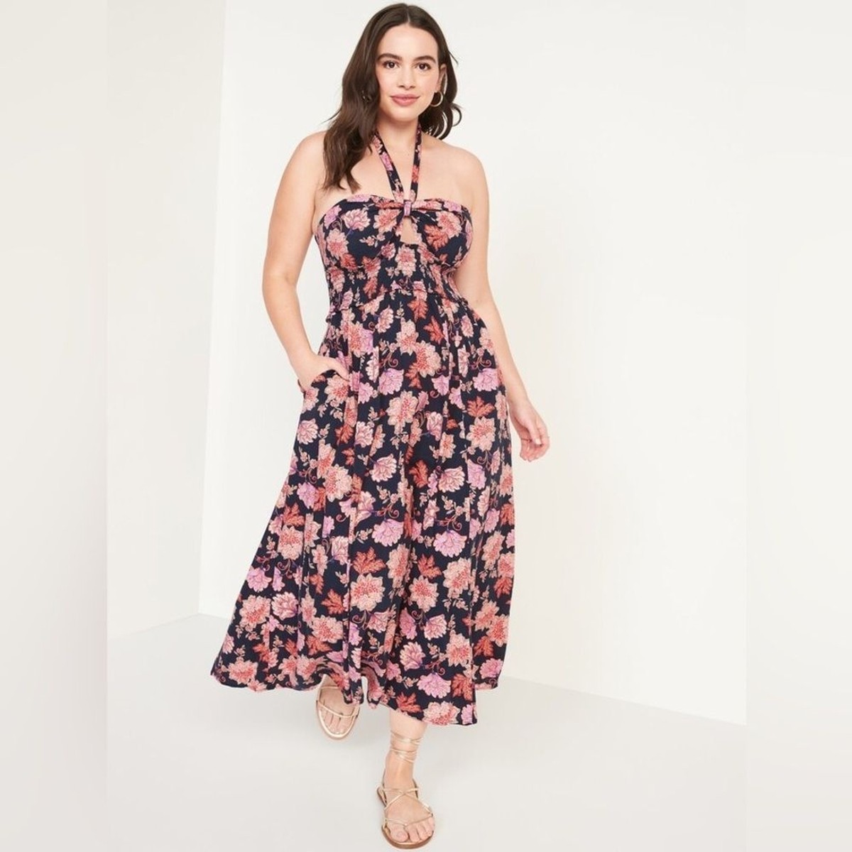 Old Navy Fit & Flare Sleeveless Halter Floral-Print Maxi Dress Size Large |  eBay