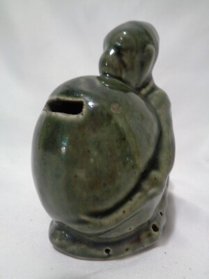 Rare Antique Majolica Stoneware Pottery Green Gray Monkey Watermelon Coin Bank