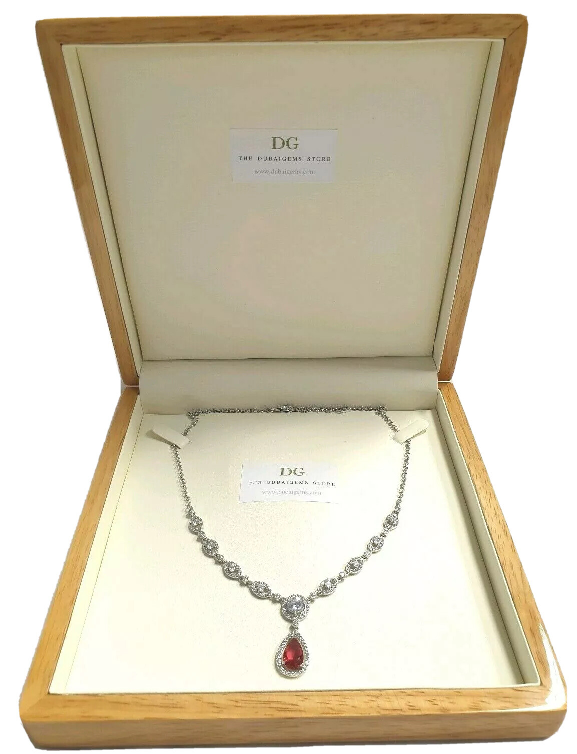 White gold finish red ruby pear cut pendant necklace free postage GIFTBOXED