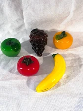 5 Glass Fruits and Vegetables Tomato Banana Grapes Orange Green Apple