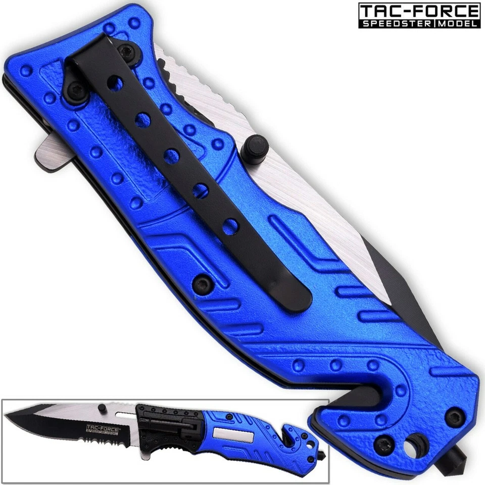 TAC-FORCE POLICE Spring Assisted Blue Open LED Tactical Rescue Pocket Knife - Image 2 of 3