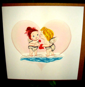 KISSING LOVE FAIRIES ANGELS CHERUBS HAND QUILLED CARD & ENV 6"X6"