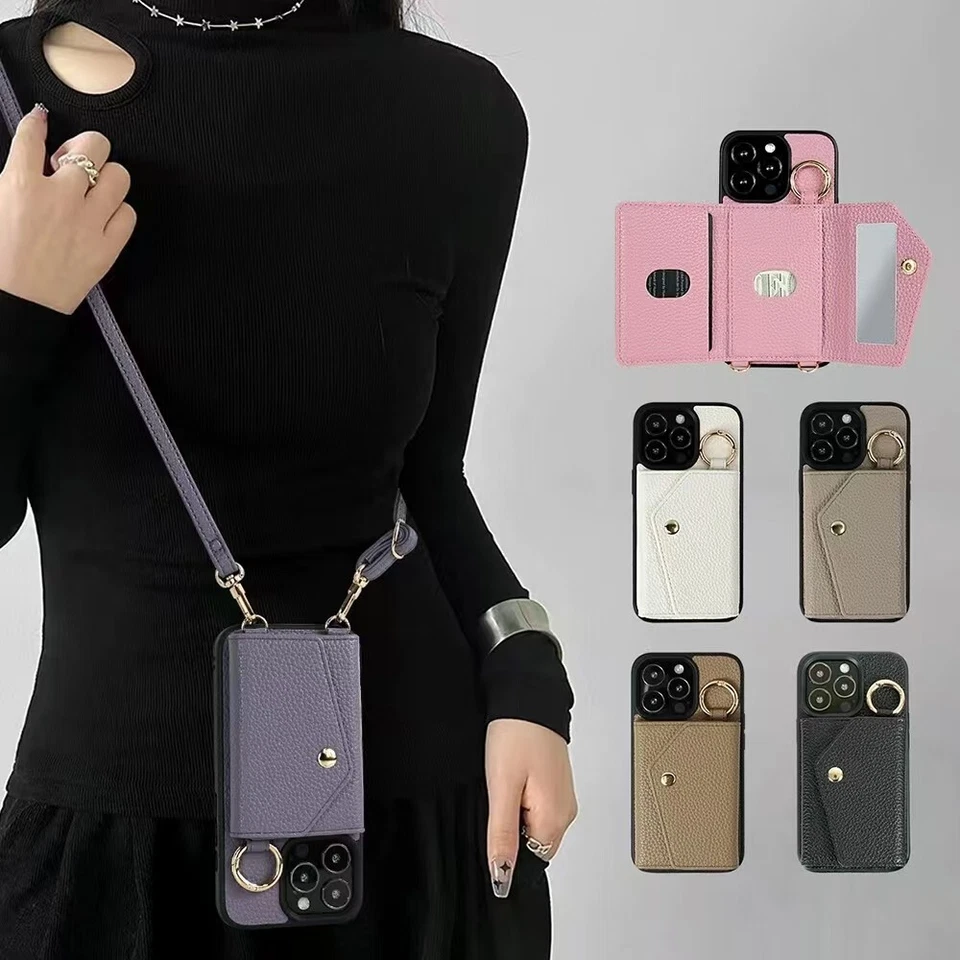 Leather Wallet Mirror Lanyard Case For iPhone 16 Pro Max 15 14 13 12 11 Cover - Image 2 of 4