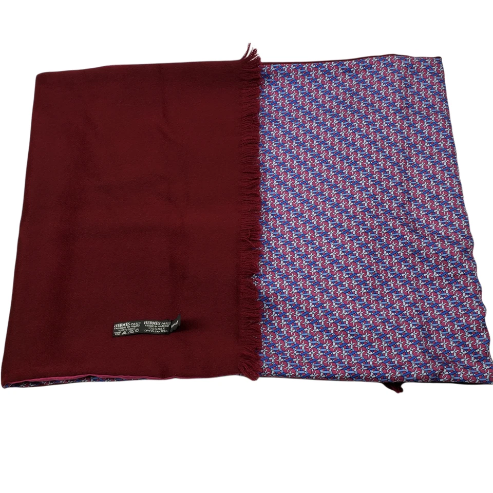 Hermes Paris Unisex Bufanda Borgoña Rojo Angora Seda Motivo Geométrico 14" x 56" Foto 4 de 4