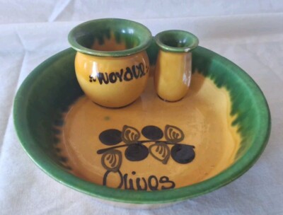 Servier Oliven Kerne Steingut Vintage Art Deco Tisch Provence Frankreich Aperitif 