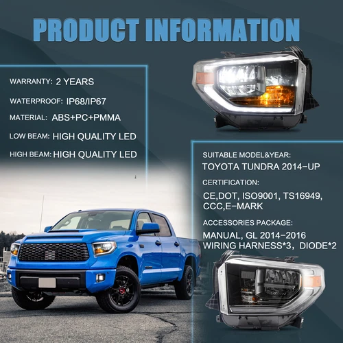 VLAND Full LED Headlights For Toyota Tundra 2014-2021 WIth Sequential Turn Pairs - Picture 6 of 10