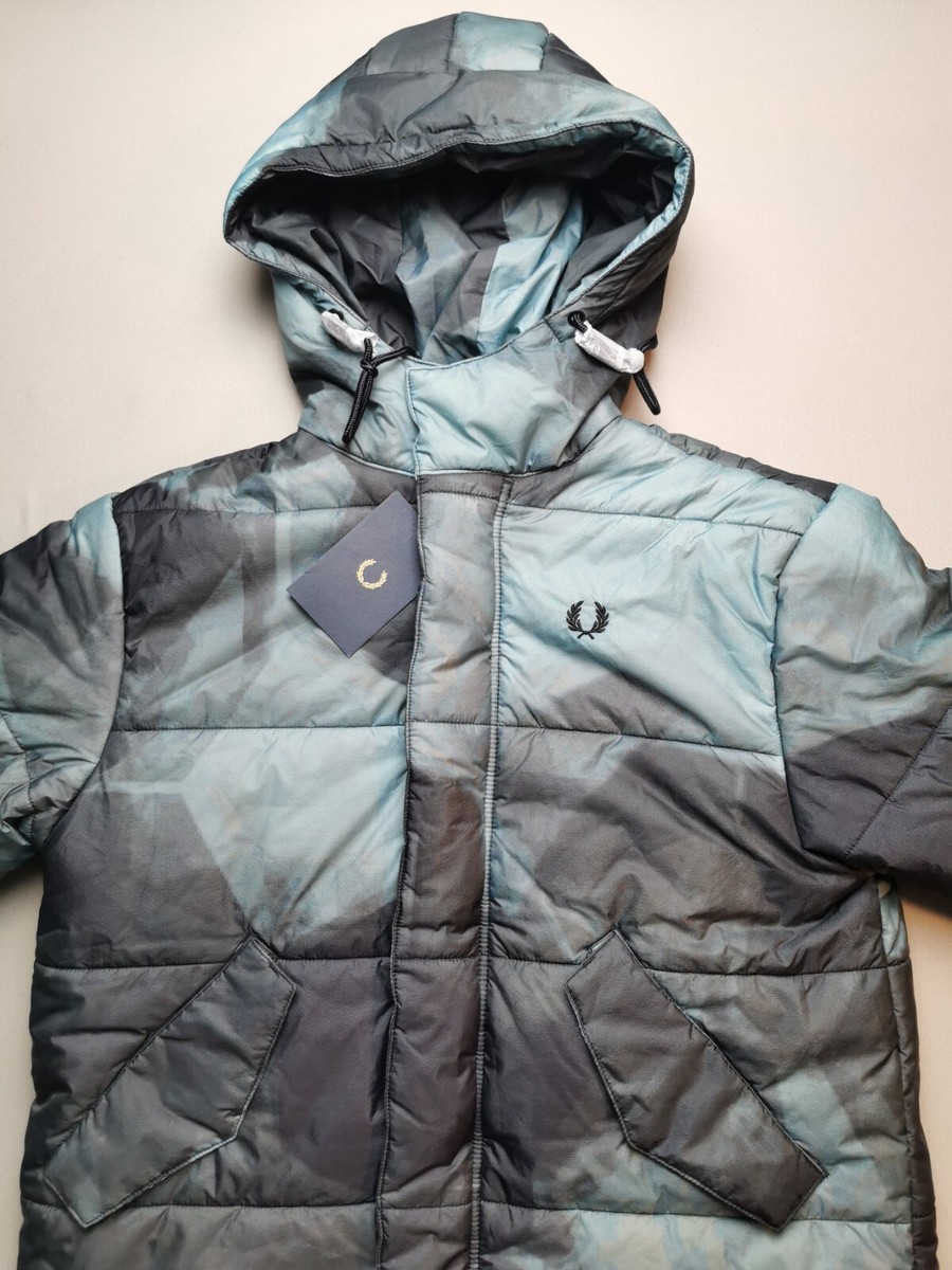 FRED PERRY Mens Size XS Camouflage Quilted Parka (BNWT) Pockets Hooded  Fishtail