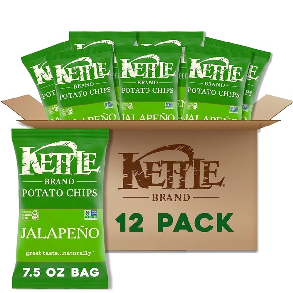 Hervidor de agua marca Kettle Jalapeño papas fritas, sin gluten, sin OGM, bolsa de 7,5 oz