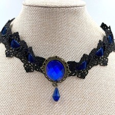 VTG Gothic Black Lace Choker Necklace Blue Crystal Teardrop Pendant Victorian