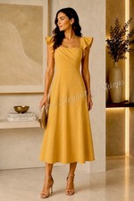 CALVIN KLEIN FLUTTER SLEEVE FIT&FLARE MIDI DRESS, OCHRE, SIZE 2 NWT