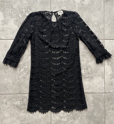 Milly Sheer Lace 3/4 Sleeve Mini Shift Dress Scalloped Hem Whimsigoth Black Sz 2